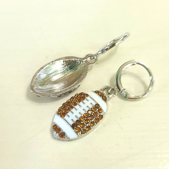 Football NFL sport theme dangle earrings - brown rhinestone white enamel - Picture 2 of 4